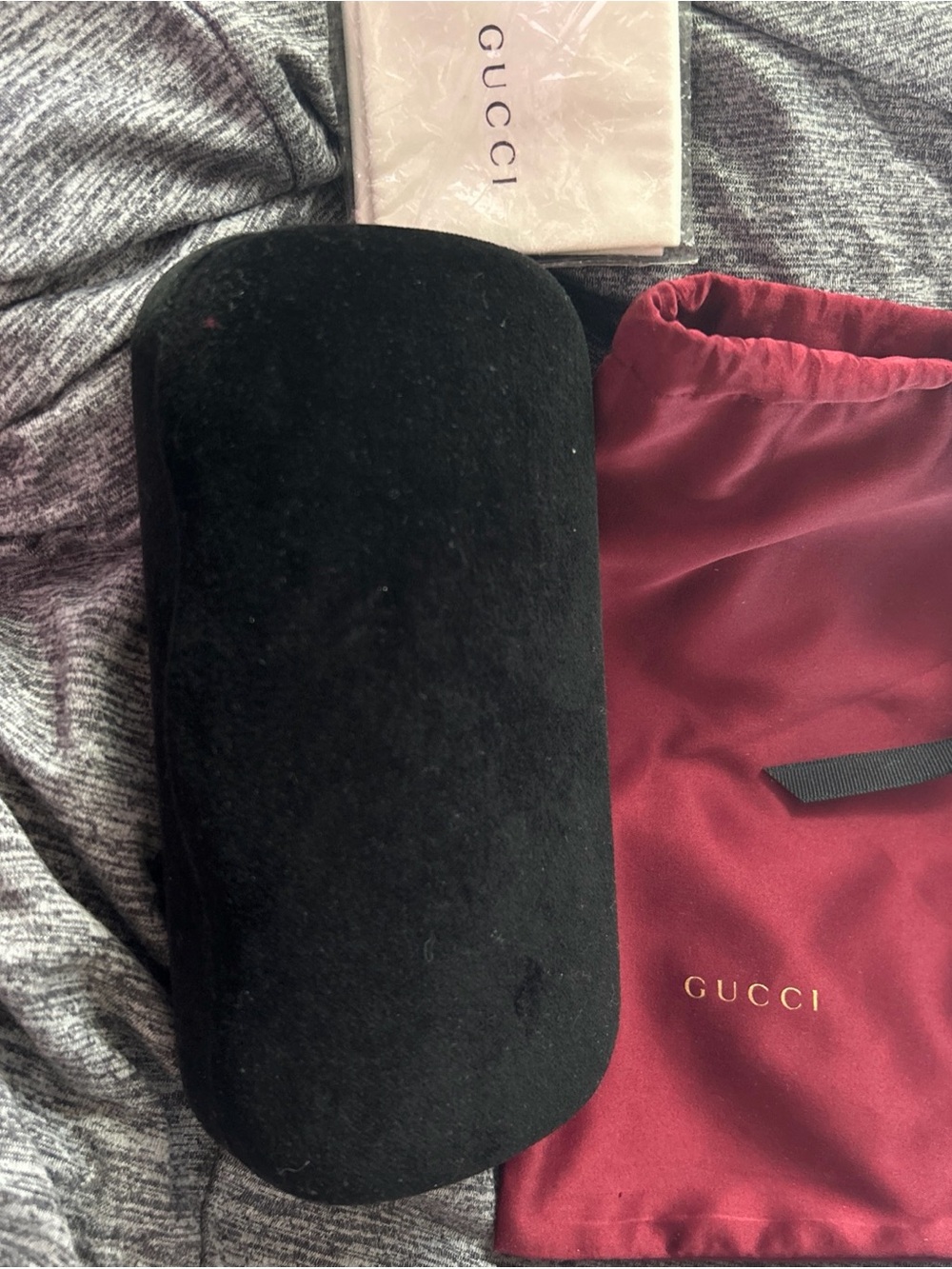 Gucci Black Velvet Sunglasses Case with Burgundy Drawstring Pouch